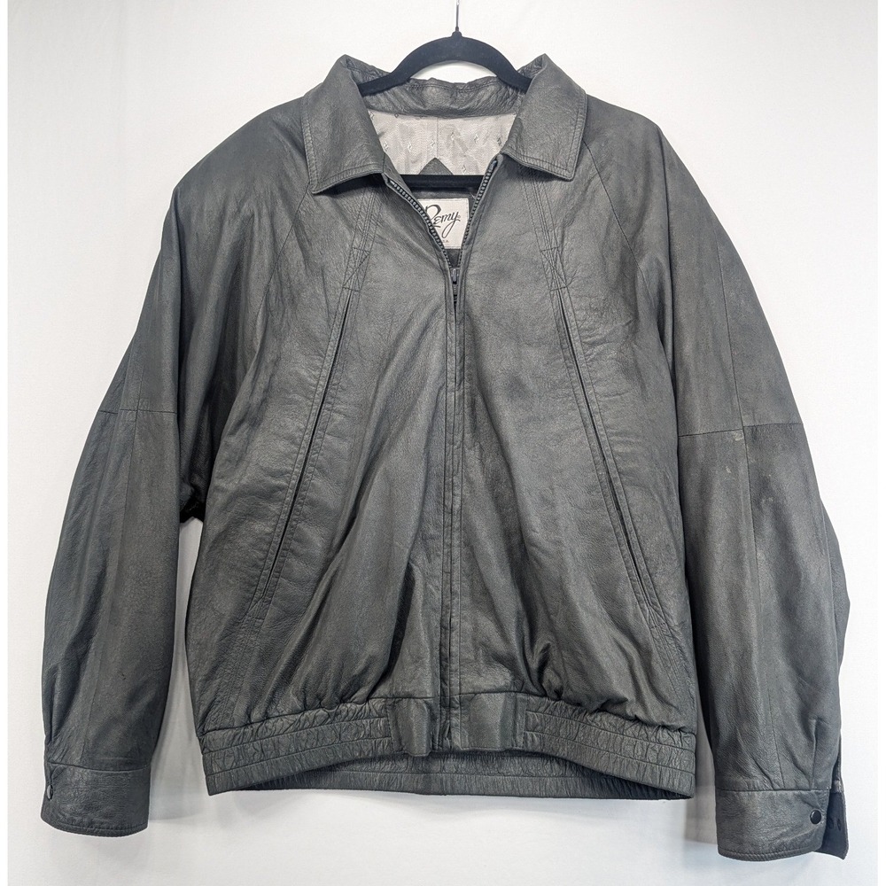 Remy Mens Charcoal Grey Leather Bomber Jacket Made in USA Size 42 Vintage Zip Up